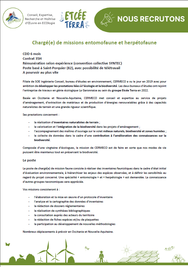 offre emploi chargé de missions entomofaune et herpétofaune